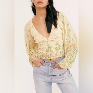 FREE PEOPLE final rose blouse top yellow floral ruched balloon sleeve size large